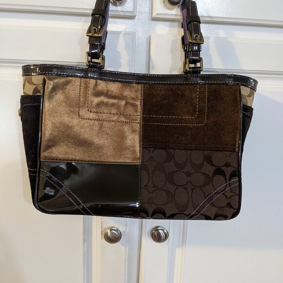 Coach Brown and Gold Patchwork Handbag HO5J-8F69 - Picture 2 of 6